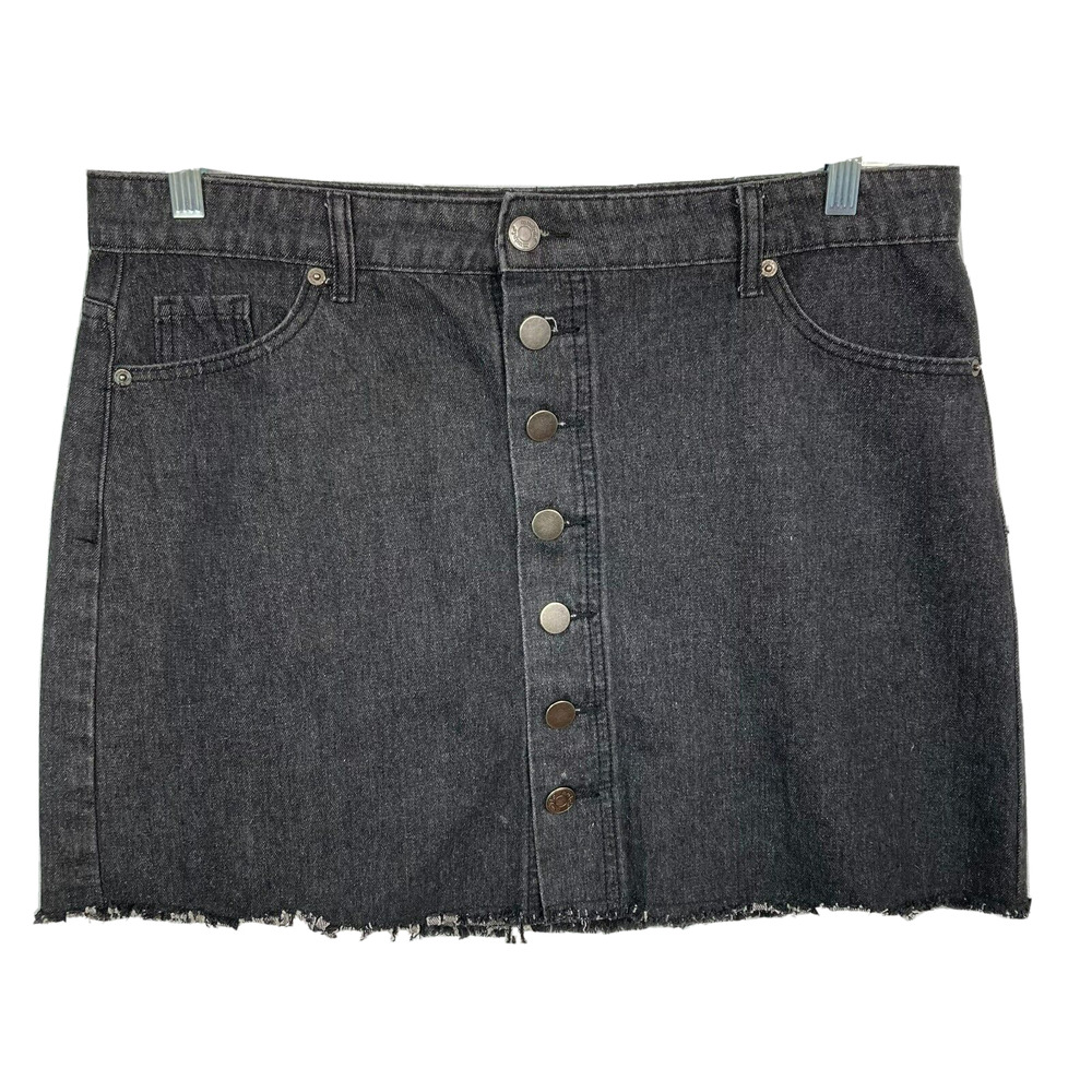 Mudpie‎ Skirt Womens Sz L Black Denim Jean Button Front Frayed Hem Mini